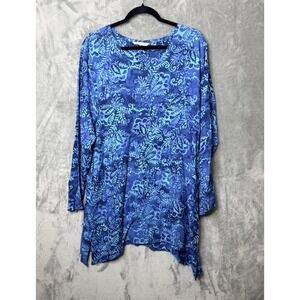 Soft Surroundings Blue Batik Floral Paisley Rayon Tunic Top Long Sleeve M 28909
